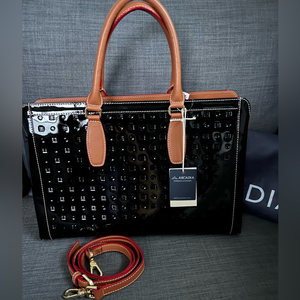 NWT ARCADIA PATENT LEATHER LARGE SATCHEL HANDBAG PURSE - Picture 14 of 16